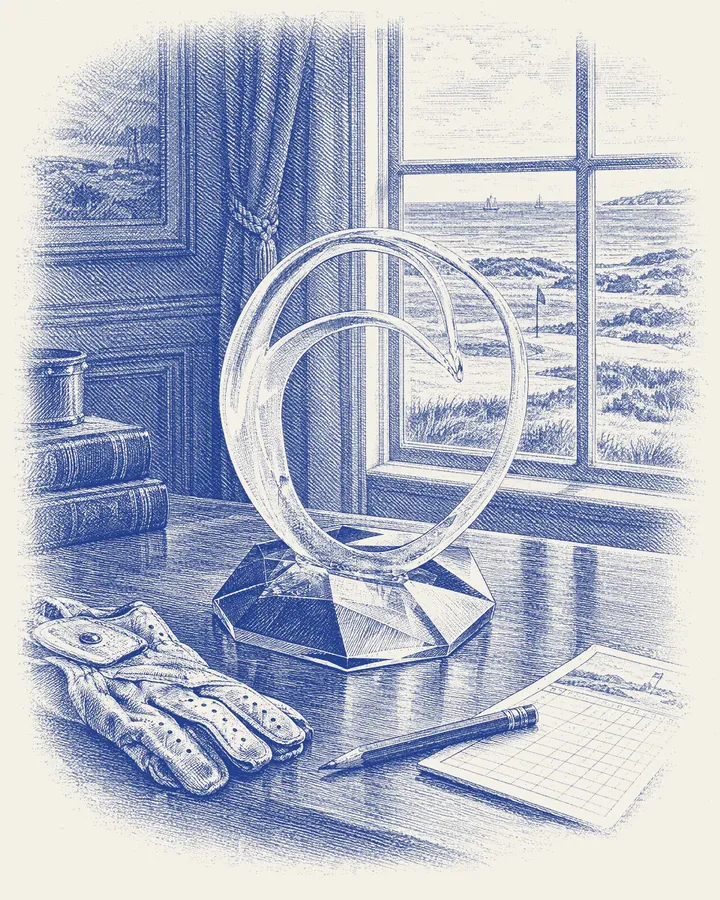 Digital preview of lettering on a resin golf swing sculpture, on a desk overlooking a links course